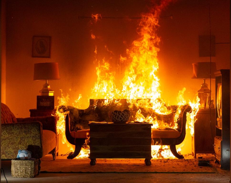 Sofa on fire - hero image used as an example for material and products database research 