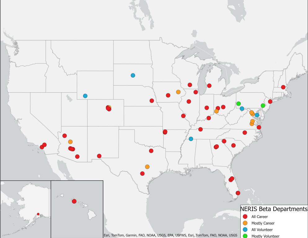 A map showcasing pin locations of all 50 departments selected for NERIS