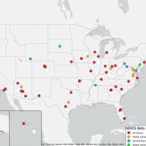 A map showcasing pin locations of all 50 departments selected for NERIS